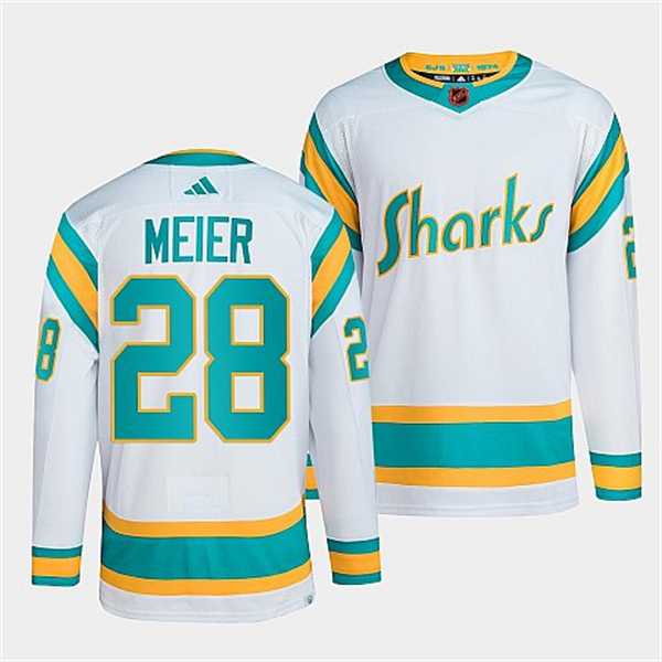 Mens San Jose Sharks #28 Timo Meier White 2022 Reverse Retro Stitched Jersey Dzhi